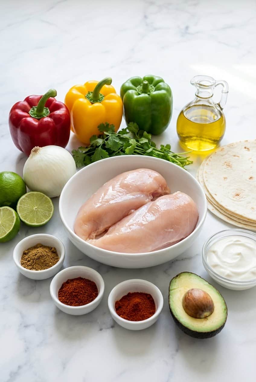 Raw ingredients for sheet pan chicken fajitas