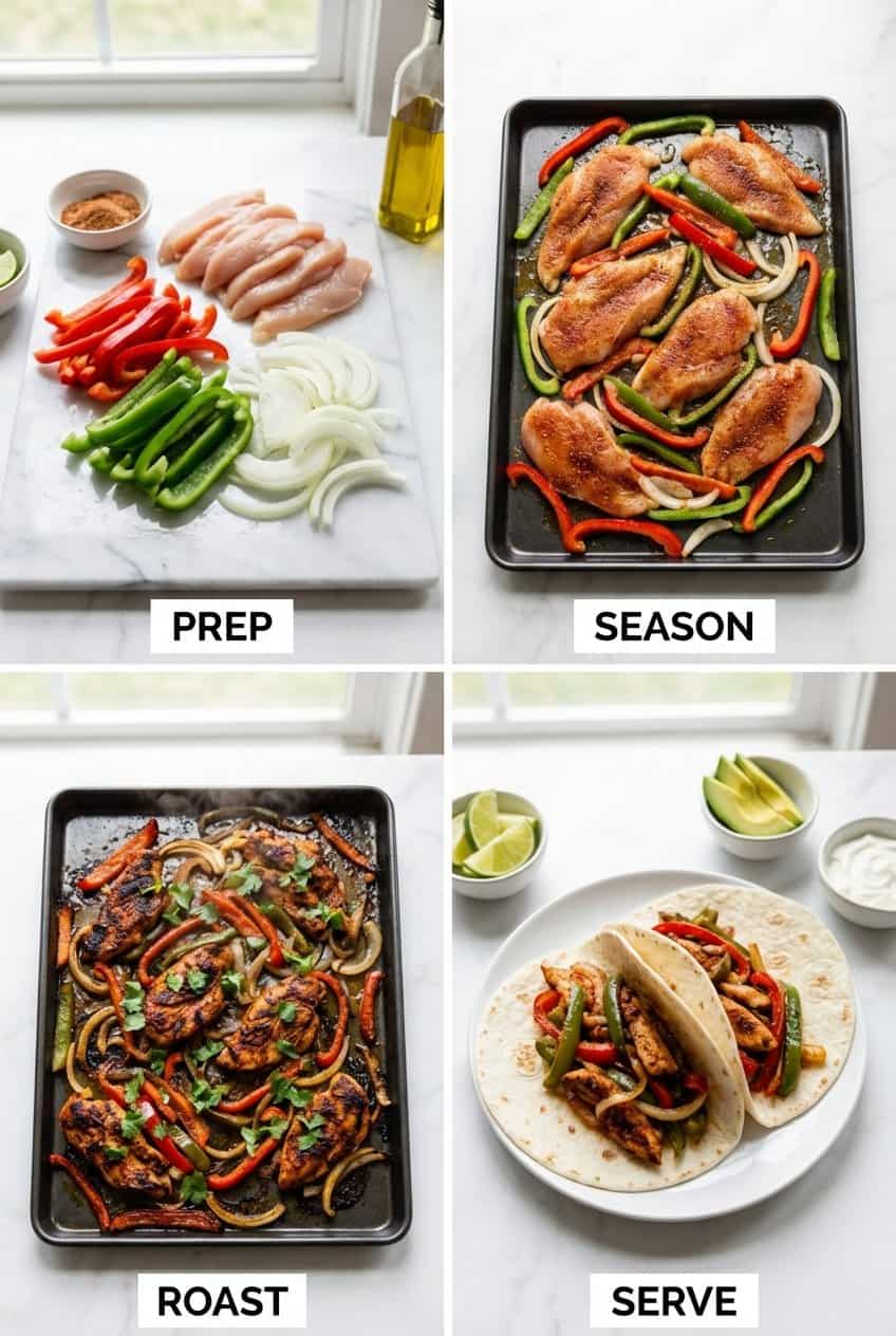 Step by step process of making sheet pan chicken fajitas