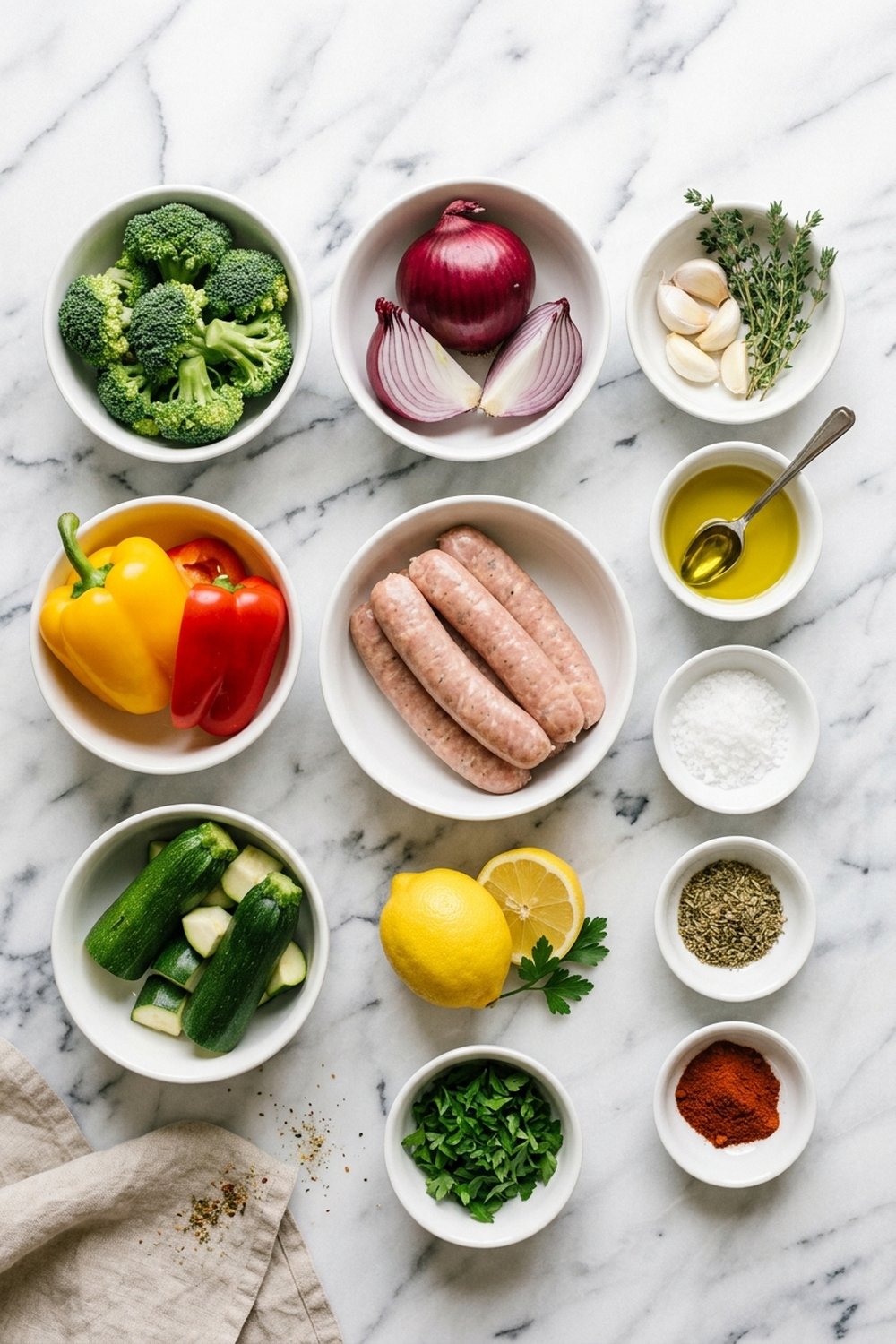 Flat lay of raw ingredients for sheet pan chicken sausage veggies on white marble