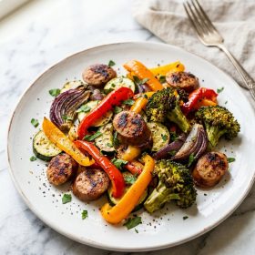 Sheet pan chicken sausage with roasted bell peppers zucchini and onion on white marble
