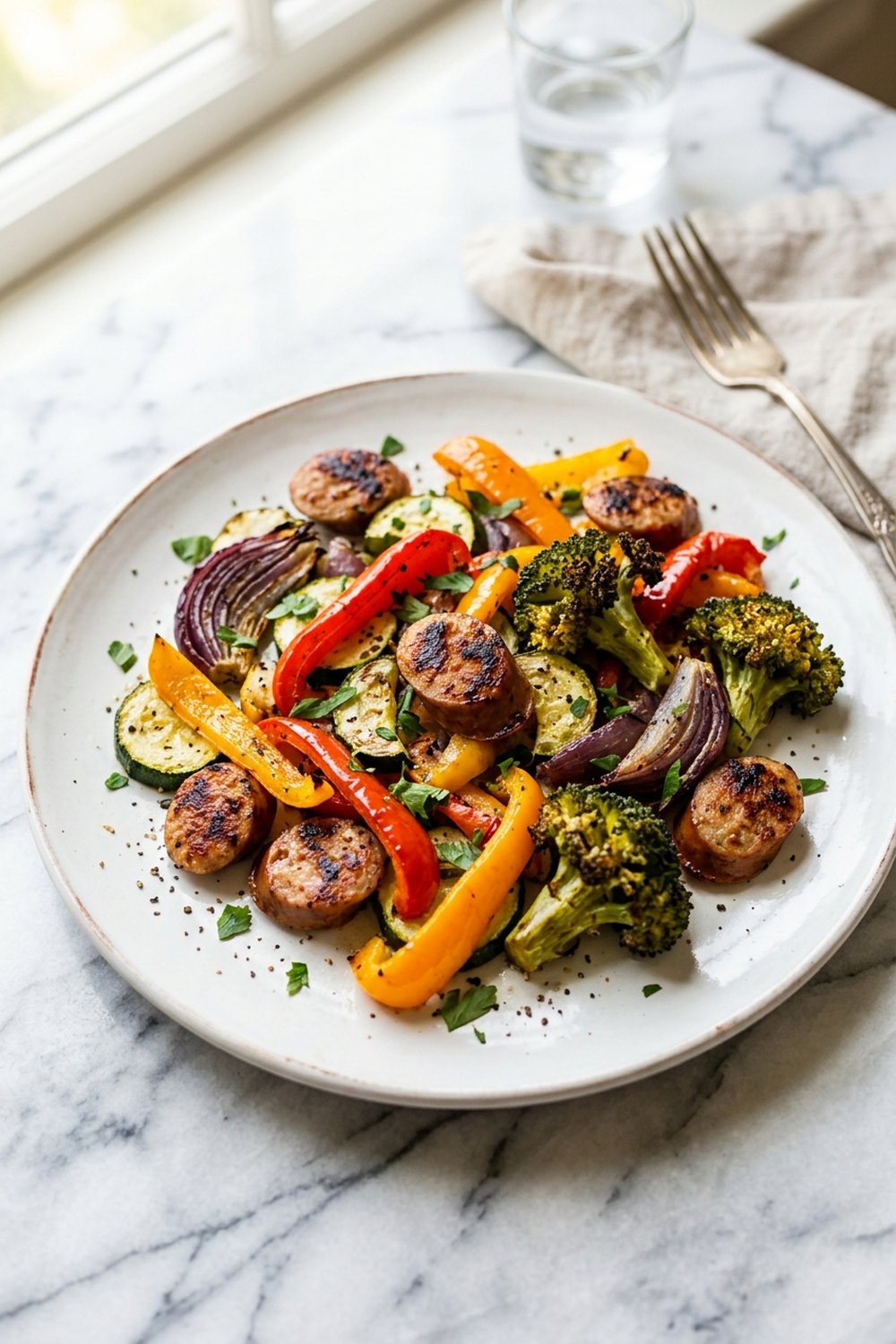Sheet pan chicken sausage with roasted bell peppers zucchini and onion on white marble