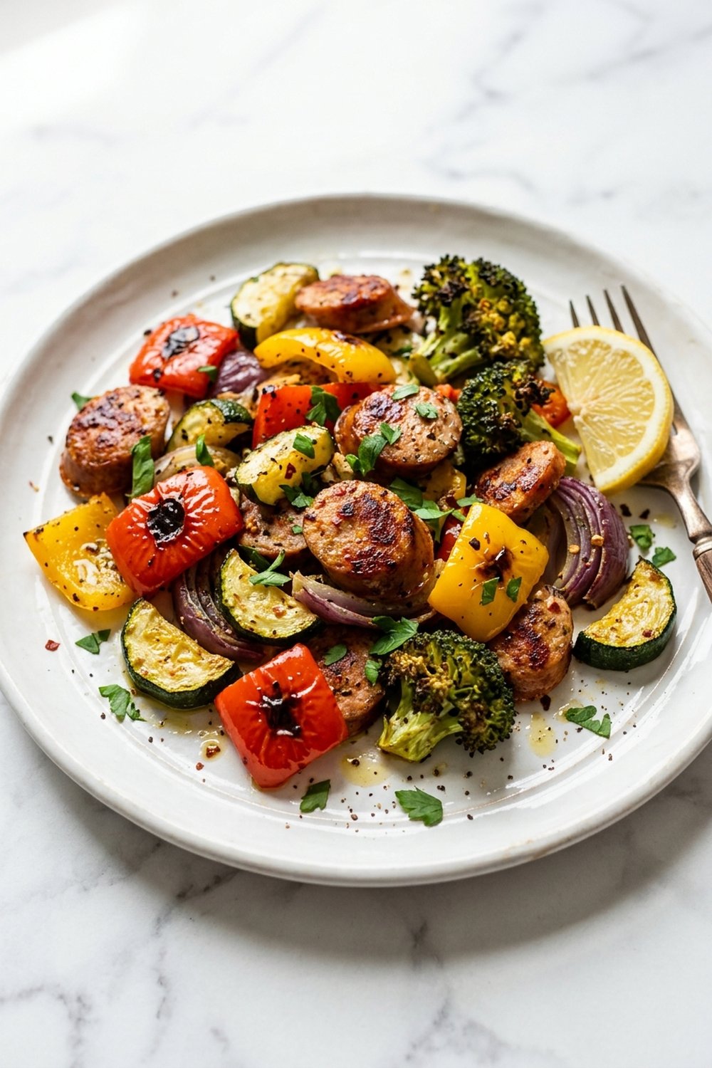 Close up of sheet pan chicken sausage with caramelized edges and fresh parsley