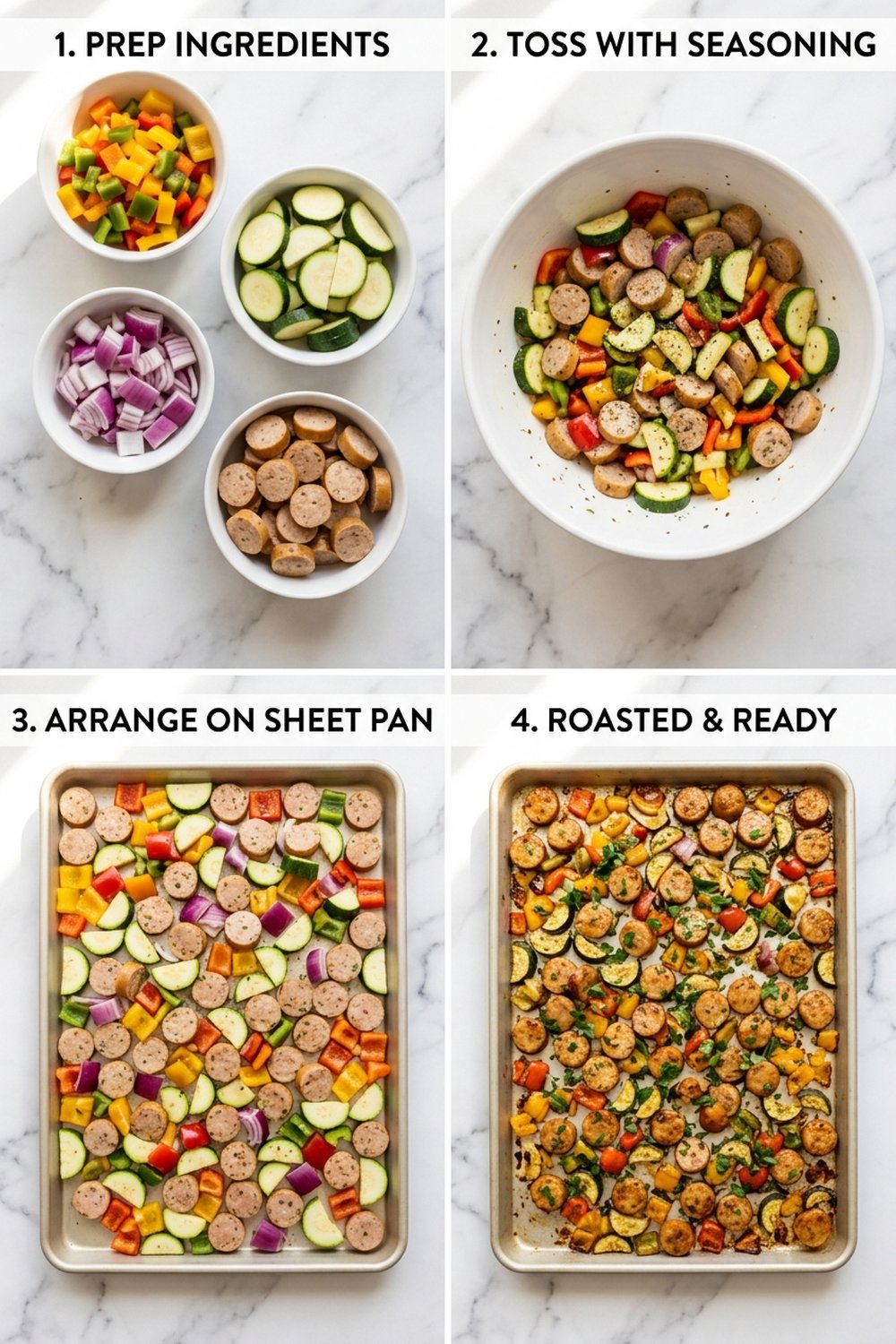 Four step process collage for sheet pan chicken sausage veggies