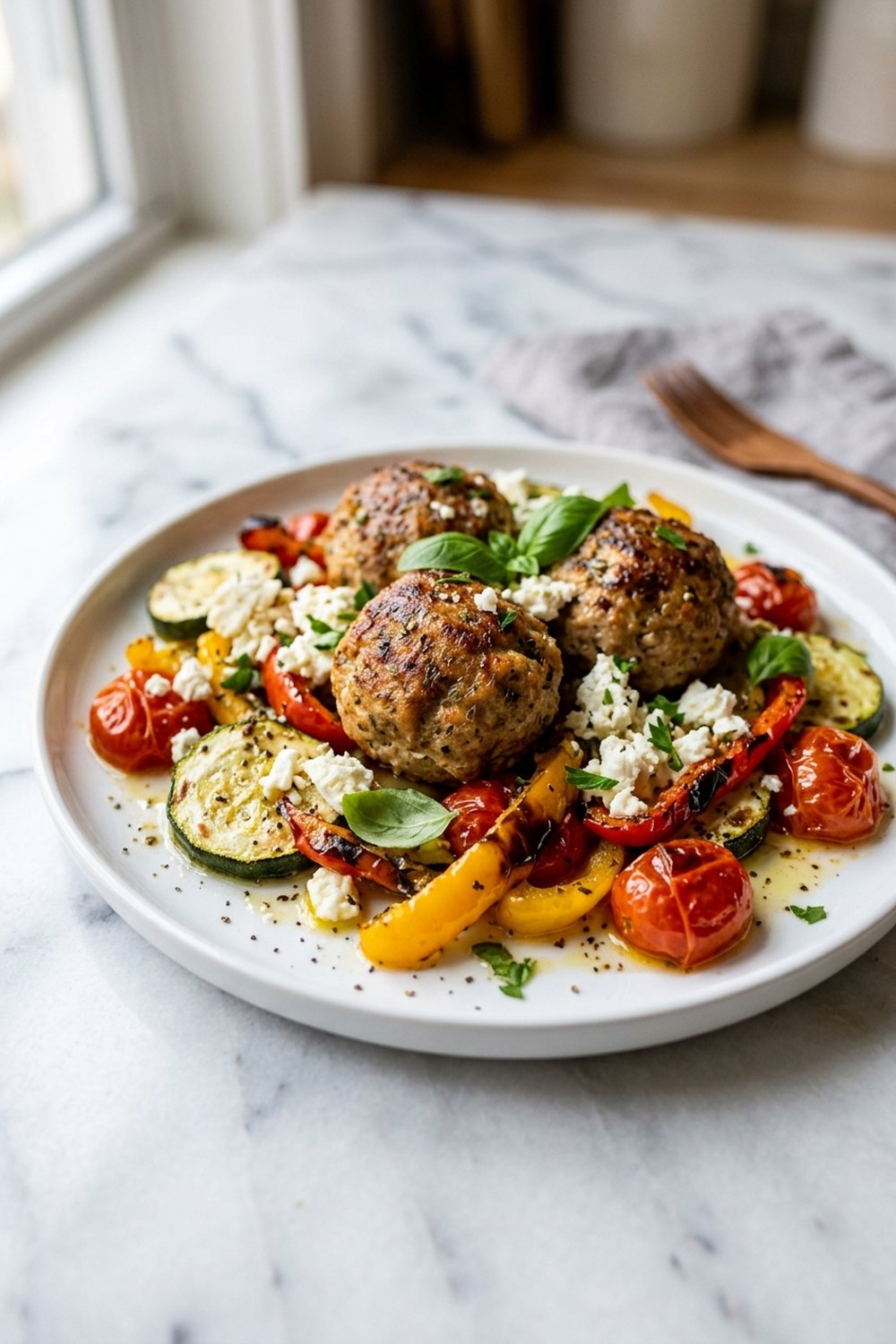 Sheet Pan Turkey Meatballs and Veggies close up