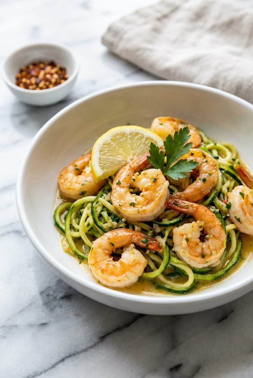 Shrimp scampi with zucchini noodles in white bowl