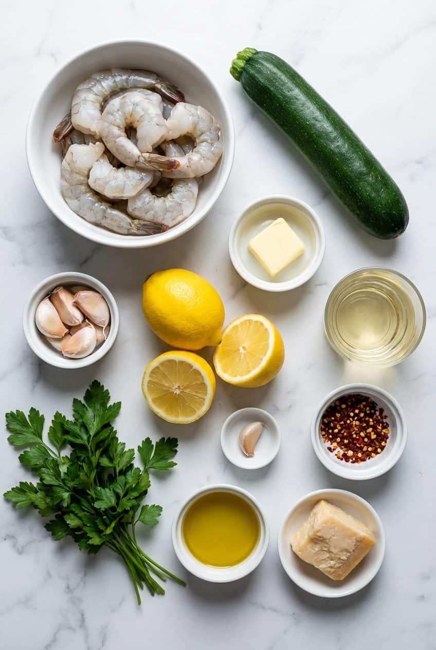 Raw ingredients for shrimp scampi with zoodles