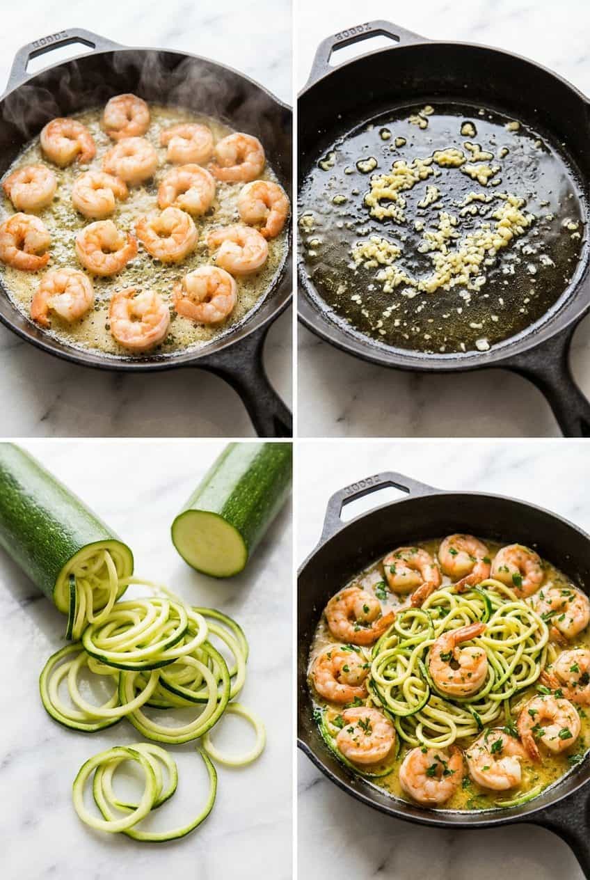 Step by step process of making shrimp scampi with zoodles
