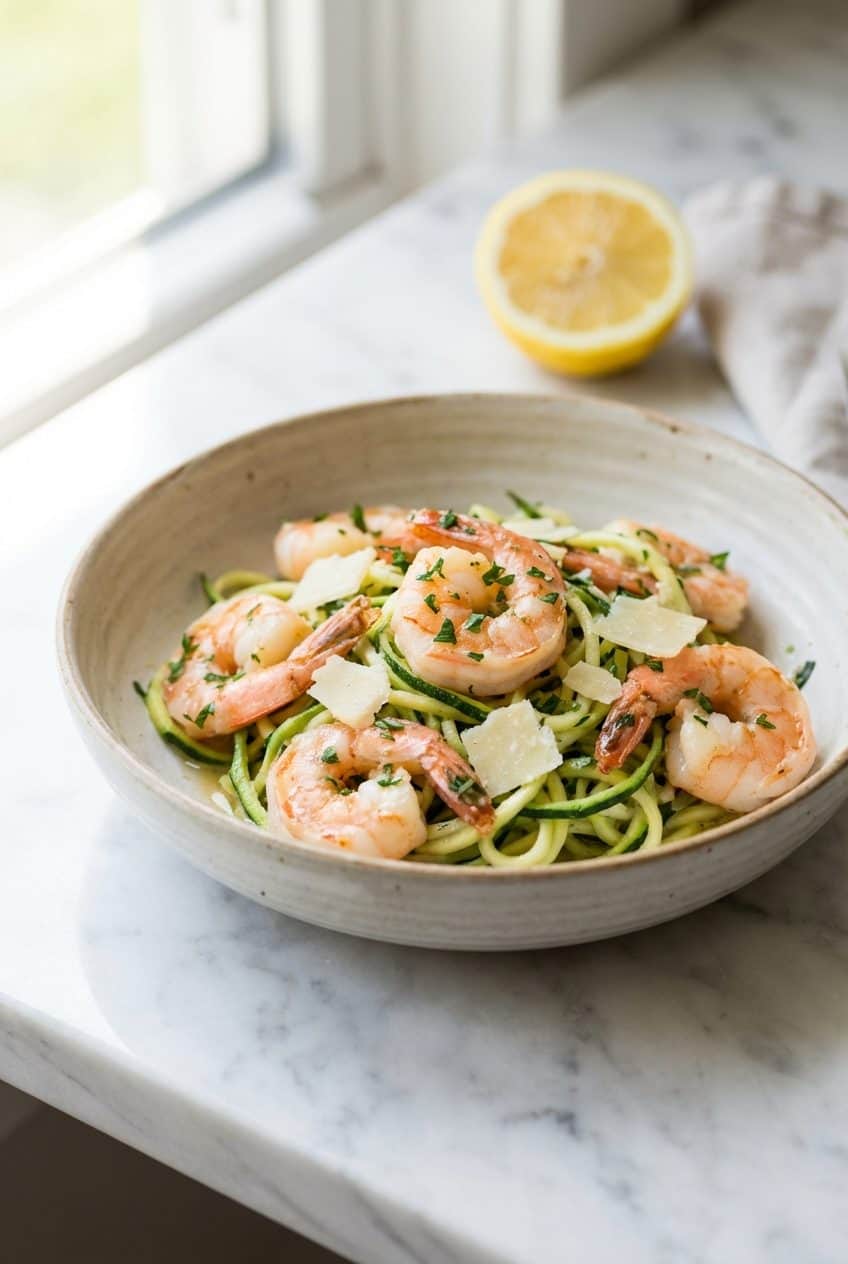 Single serving shrimp scampi with zoodles and parmesan
