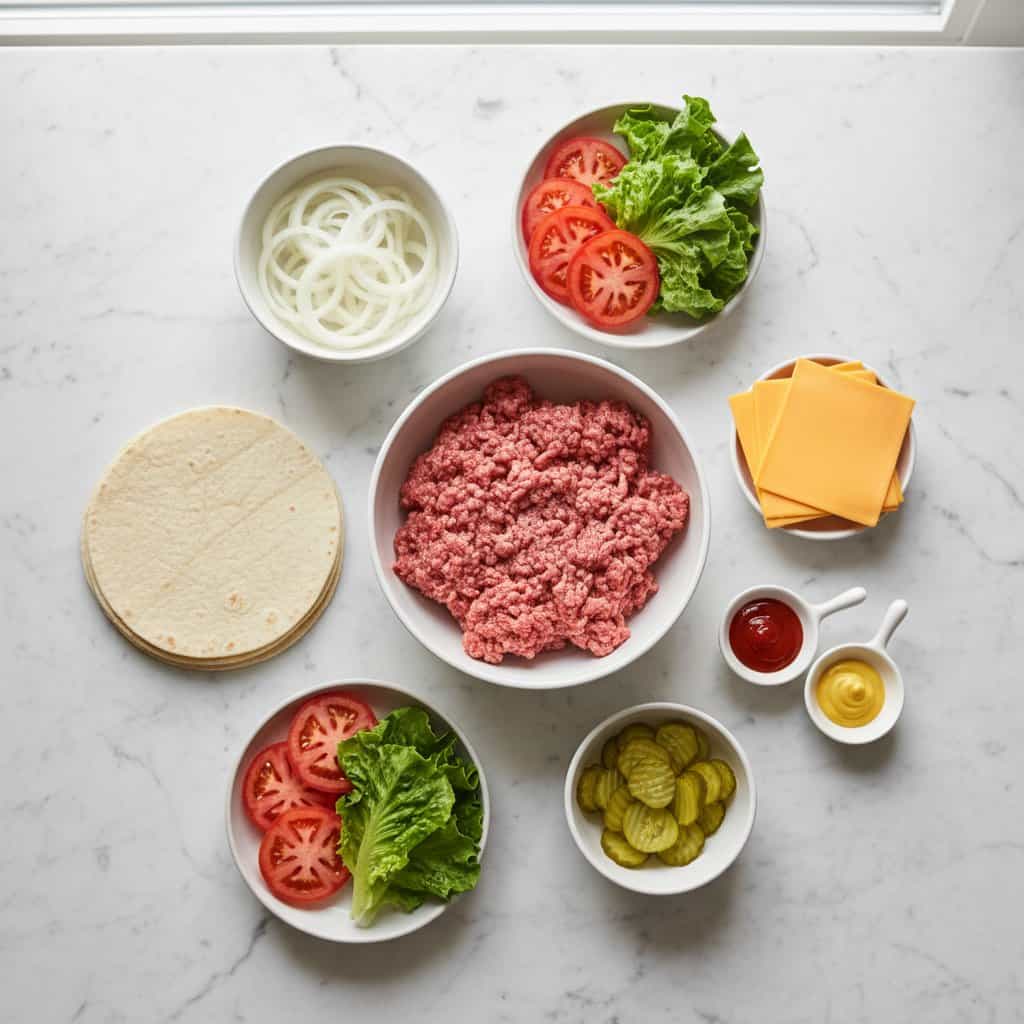 Raw ingredients for smash burger tacos in white bowls on marble