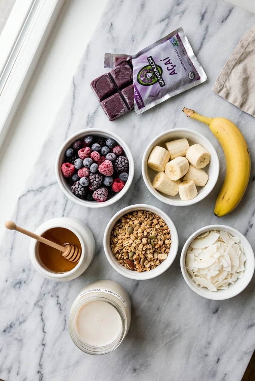 Ingredients for acai smoothie bowl