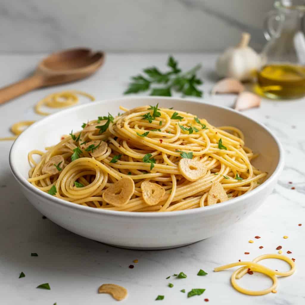 Spaghetti aglio e olio in a white ceramic bowl on marble with garlic and parsley