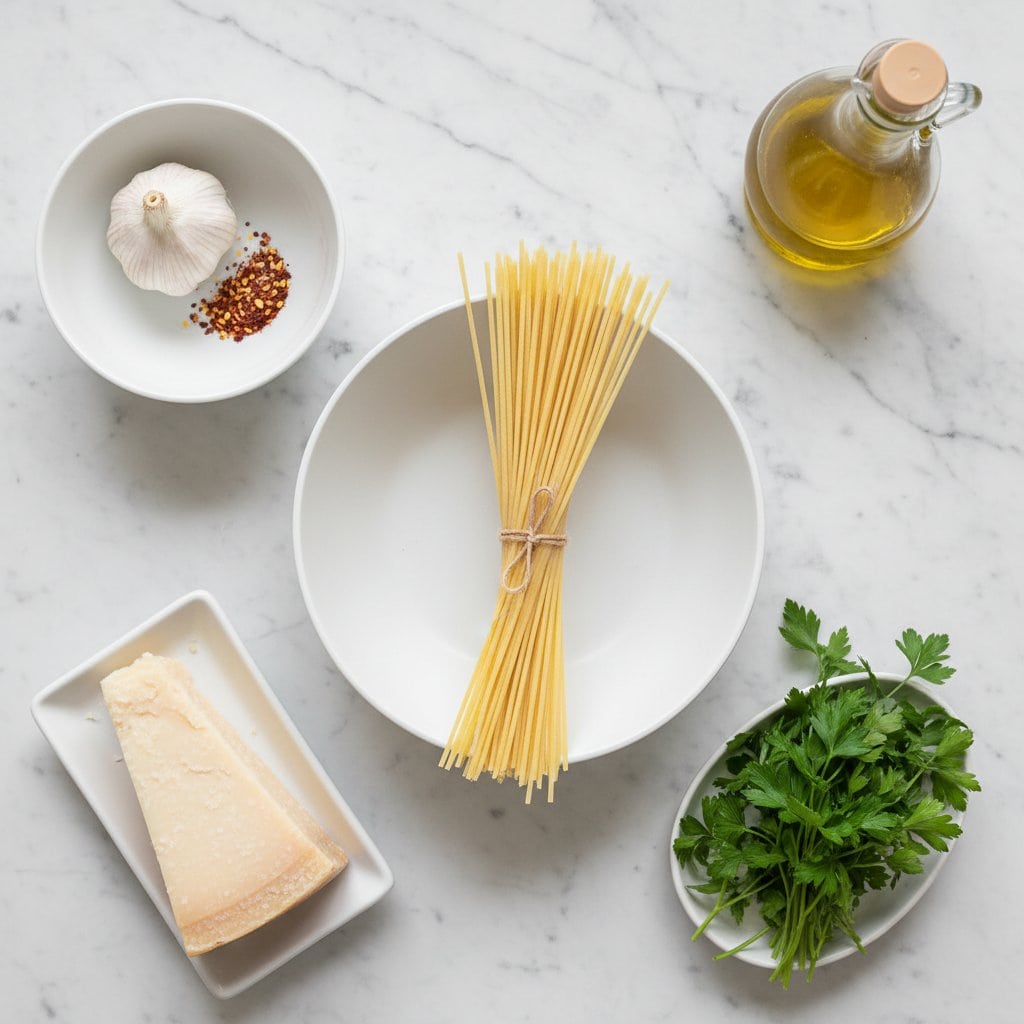 Raw ingredients for spaghetti aglio e olio