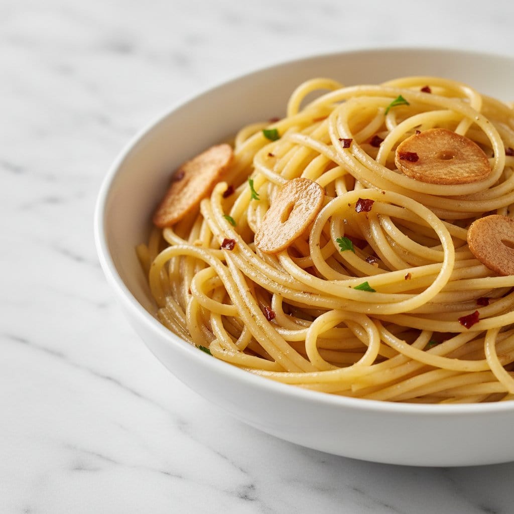 Close up of spaghetti aglio e olio with golden garlic and fresh parsley