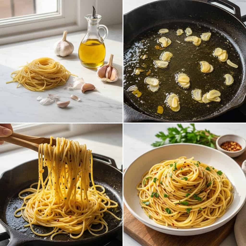 Step by step process of making spaghetti aglio e olio