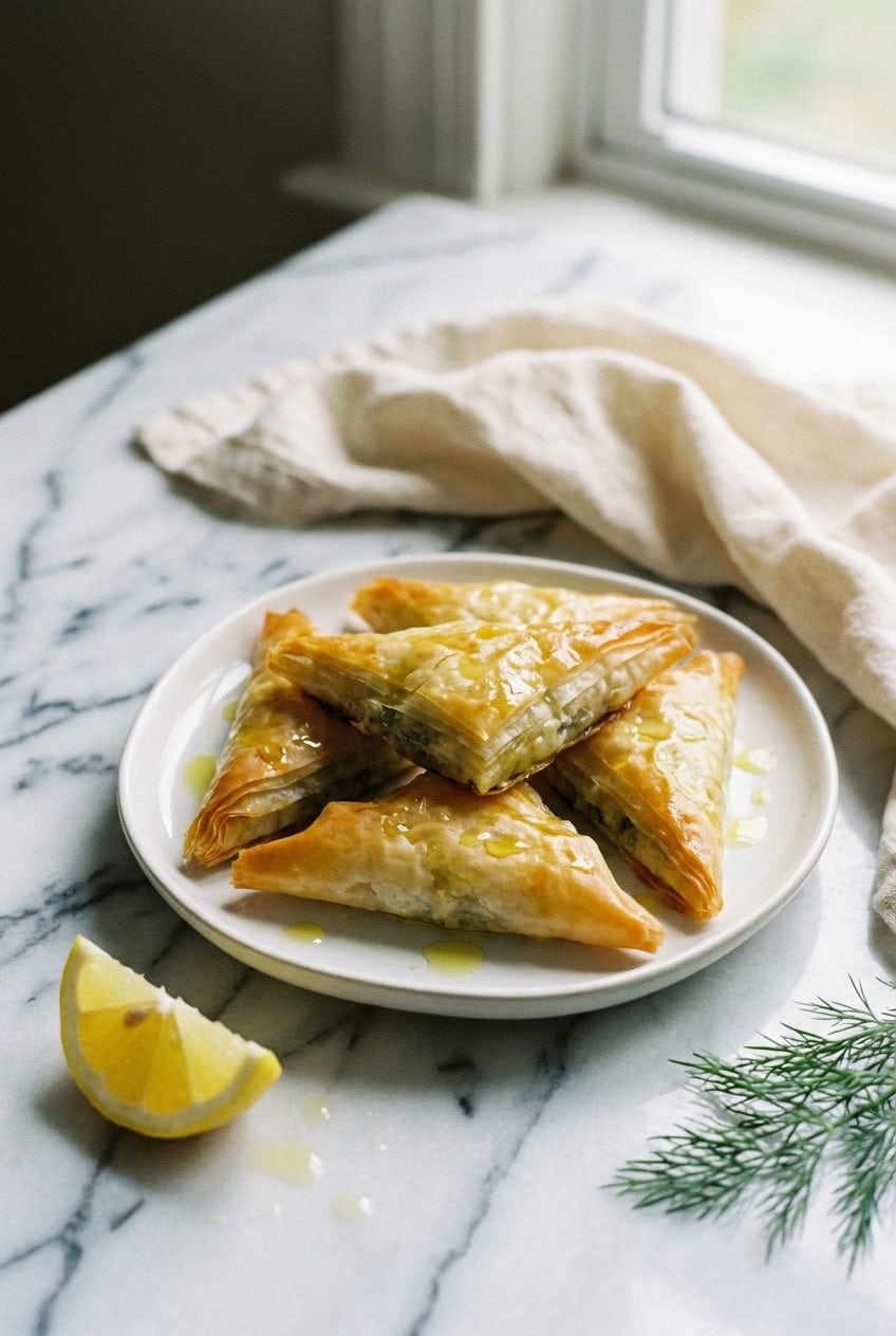 Golden spanakopita phyllo triangles on white plate