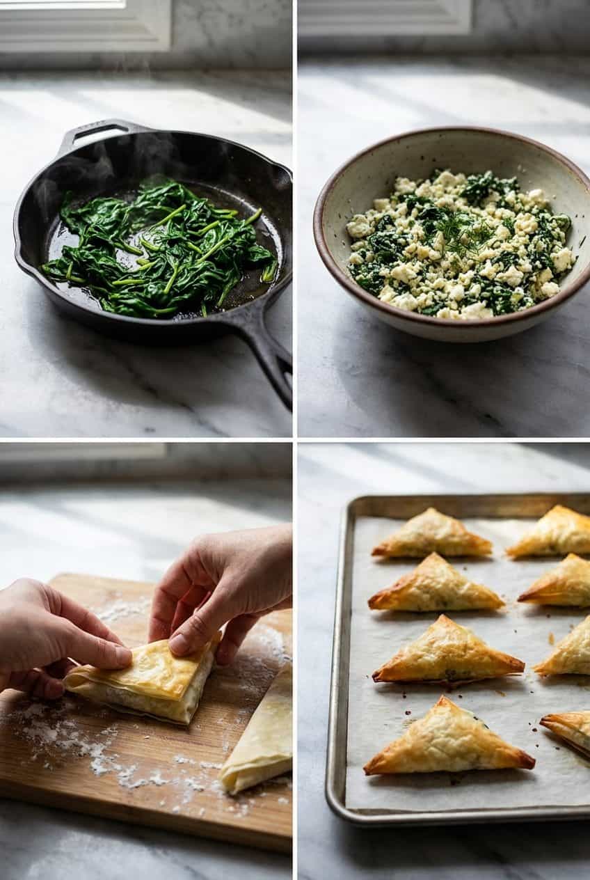 Step by step process of making spanakopita bites