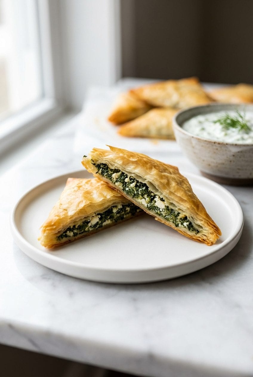 Spanakopita bite cut open showing spinach feta filling