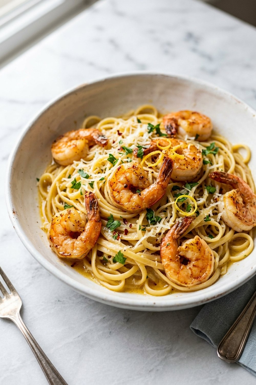 Spicy Garlic Shrimp Pasta close up