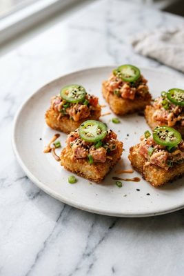 Spicy Tuna Crispy Rice Bites served on a plate