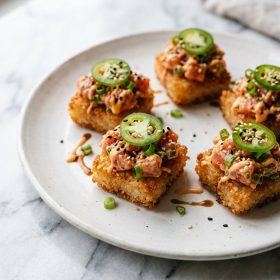 Spicy Tuna Crispy Rice Bites served on a plate