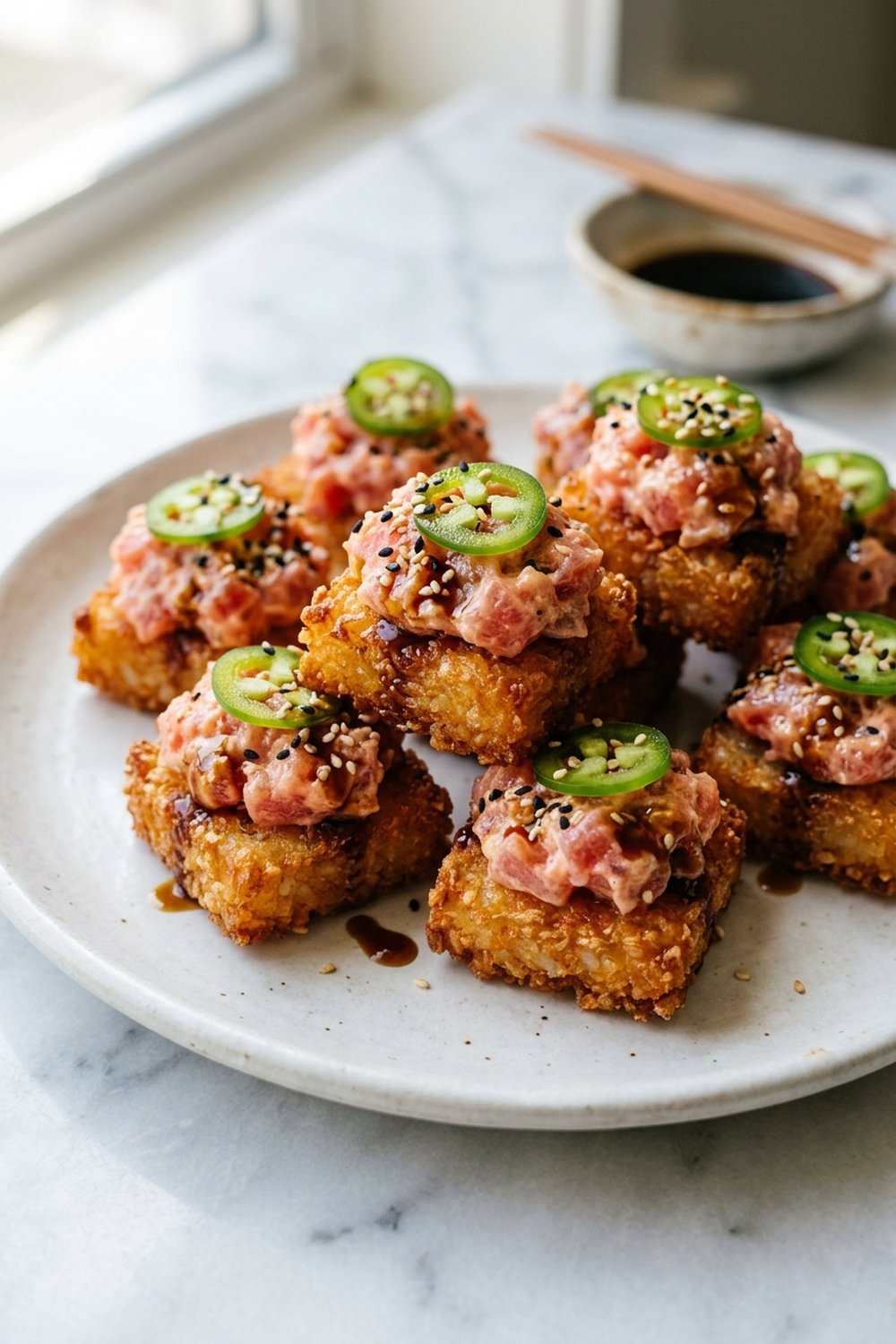 Spicy Tuna Crispy Rice Bites close up