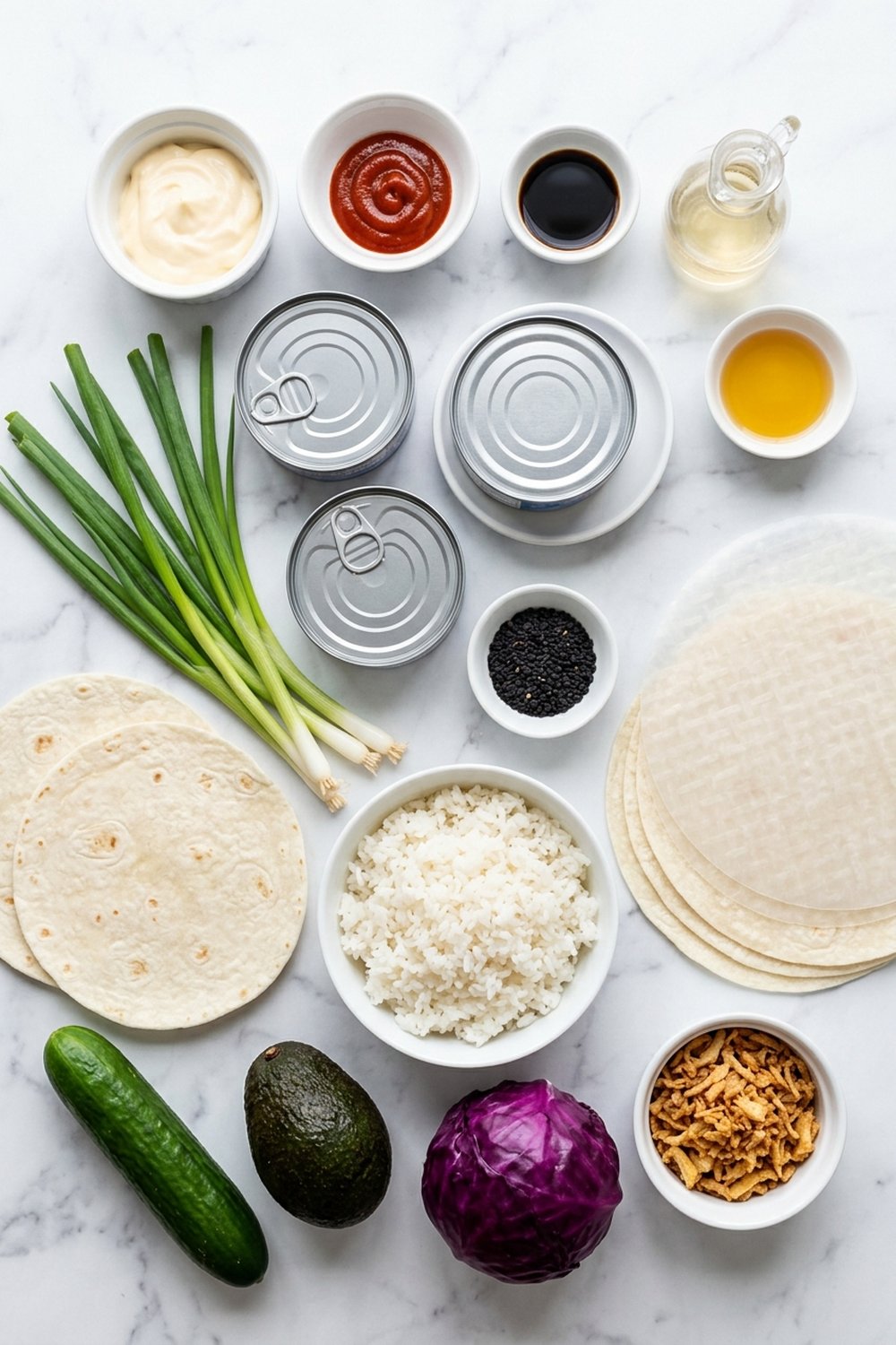Flat lay of ingredients for spicy tuna crunch wraps on white marble