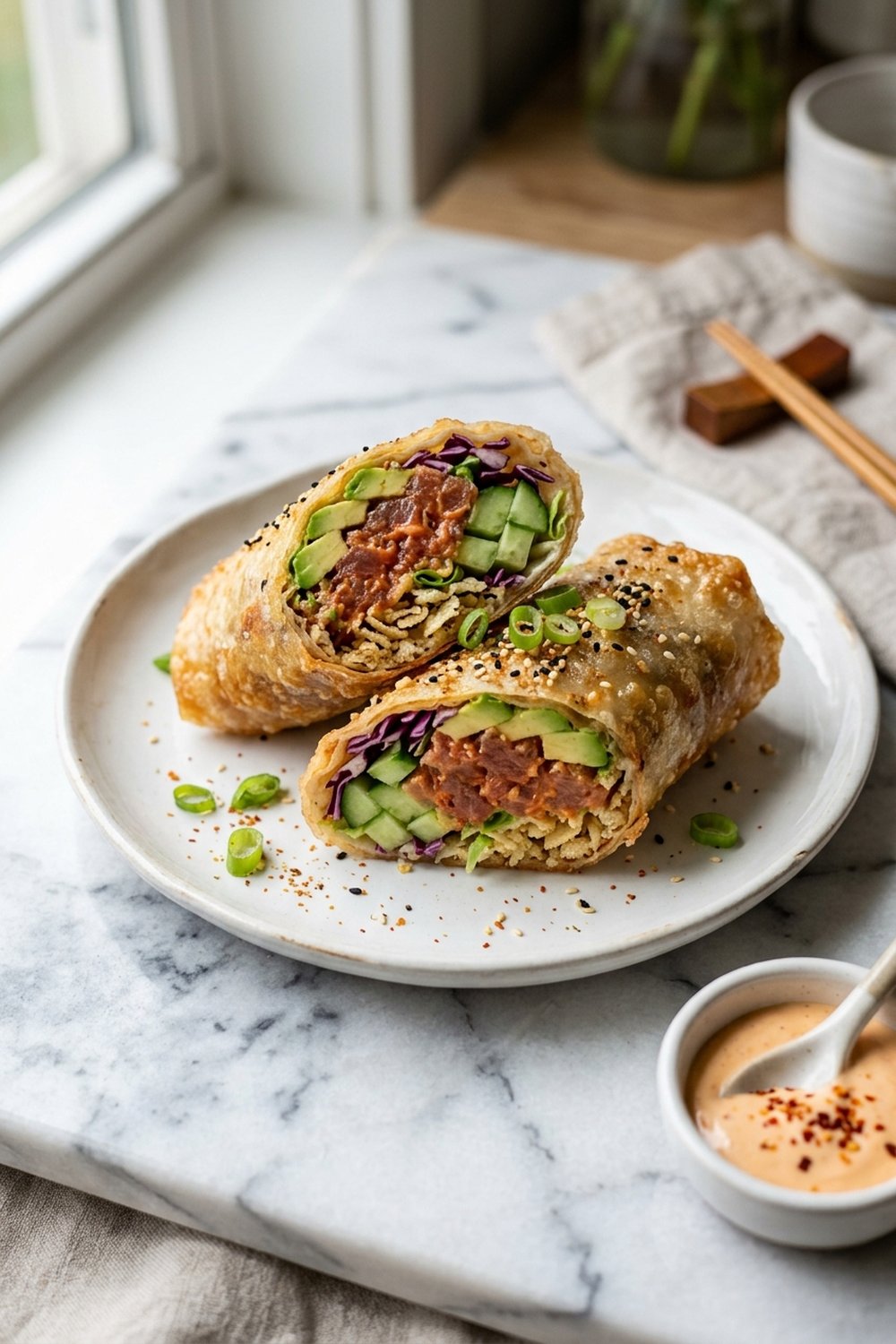 Spicy tuna crunch wraps sliced diagonally showing crispy shell and creamy filling