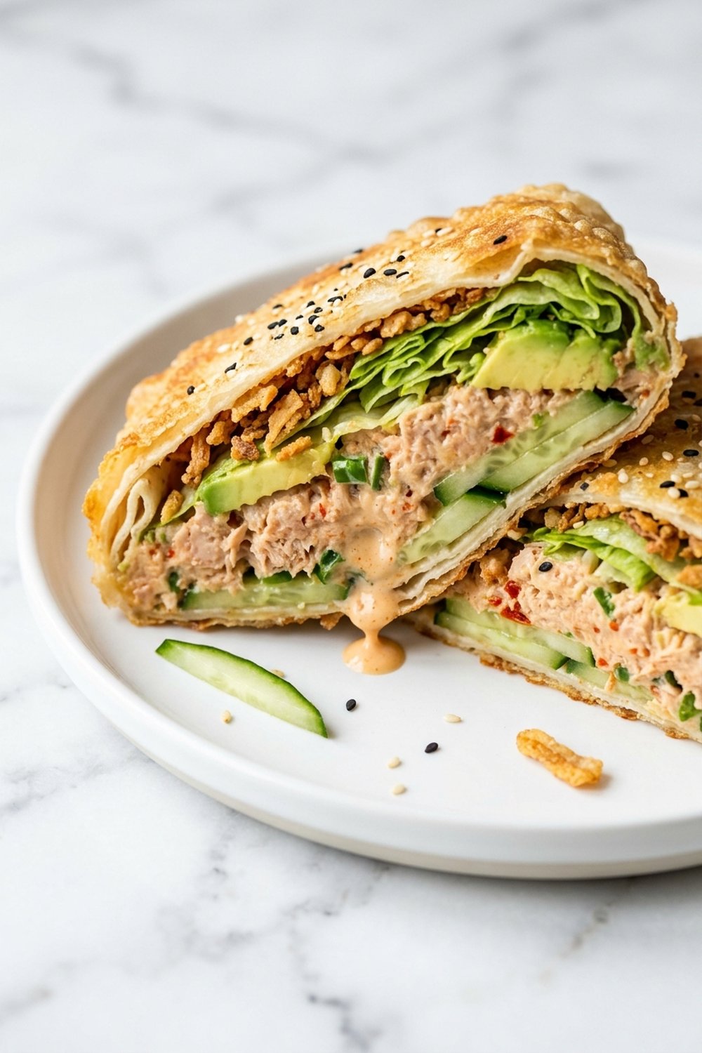 Close up of spicy tuna crunch wrap cross section showing layers