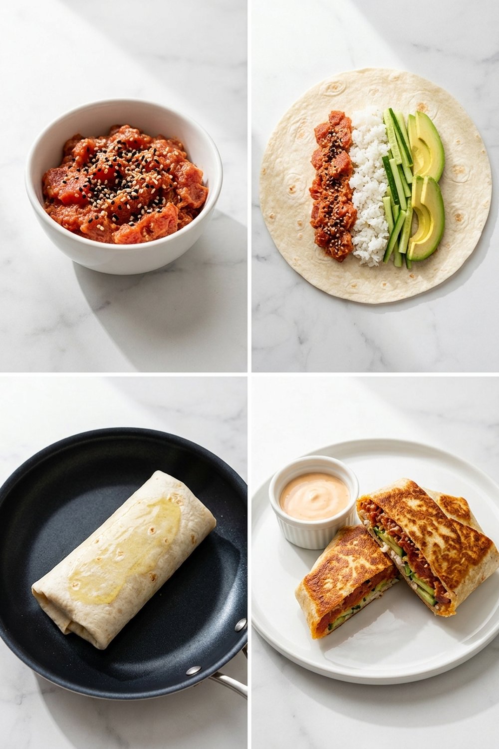 Four step process collage for spicy tuna crunch wraps
