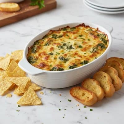 Spinach artichoke dip in a white ceramic baking dish on marble