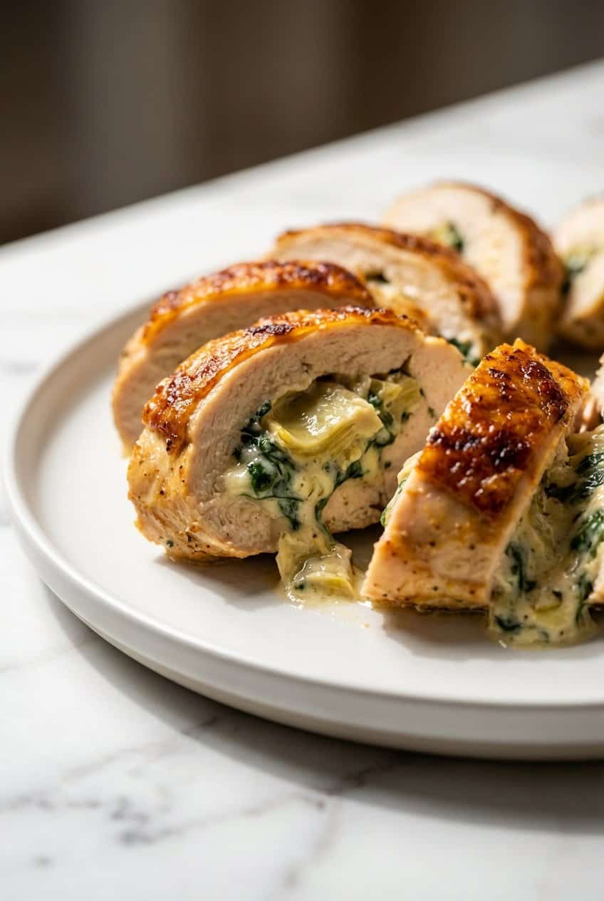 Close up of Spinach Artichoke Stuffed Chicken