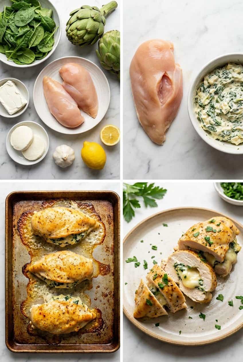 Step by step process for making Spinach Artichoke Stuffed Chicken