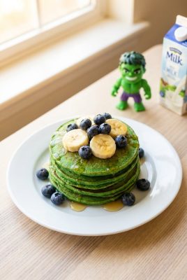 Green Hulk spinach banana pancakes stacked with berries