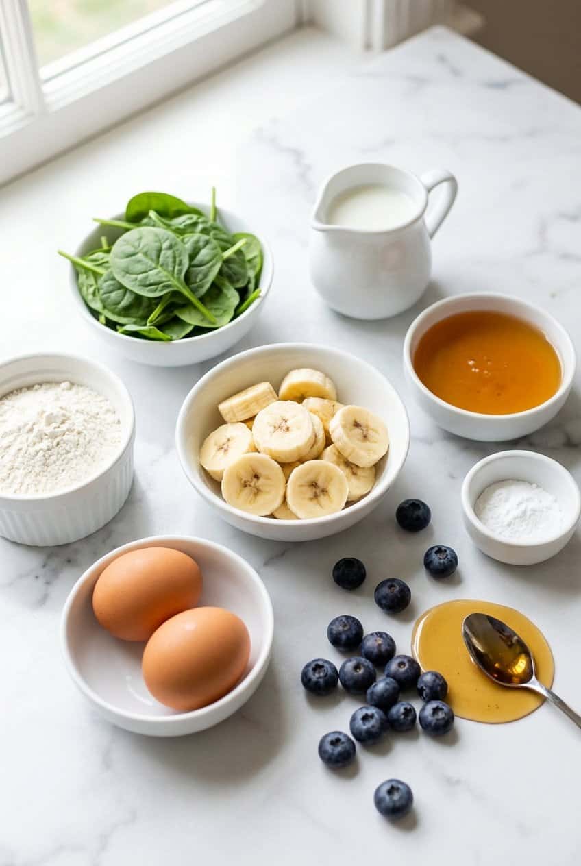 Raw ingredients for green spinach banana pancakes
