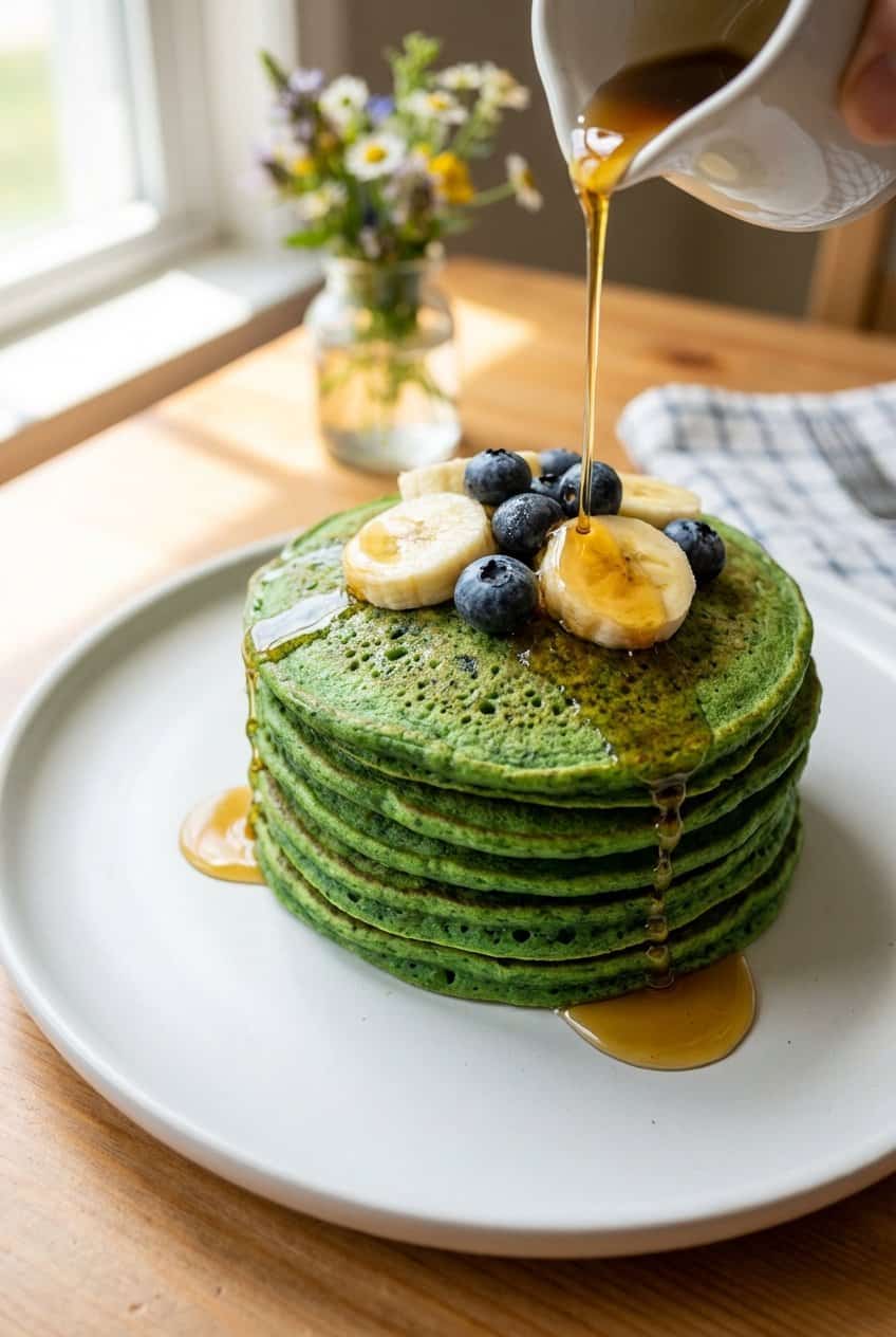 Close up of green spinach banana pancakes with syrup