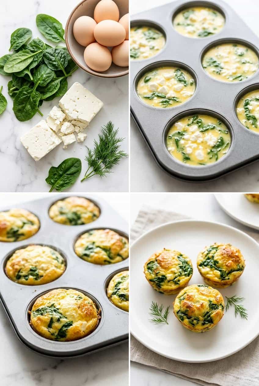 Step by step process for spinach feta egg cups