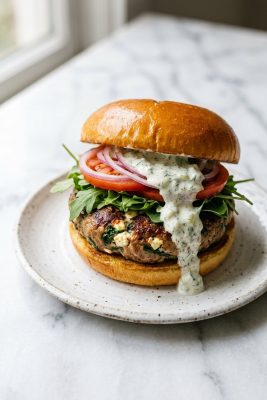 Spinach Feta Turkey Burgers served on a plate