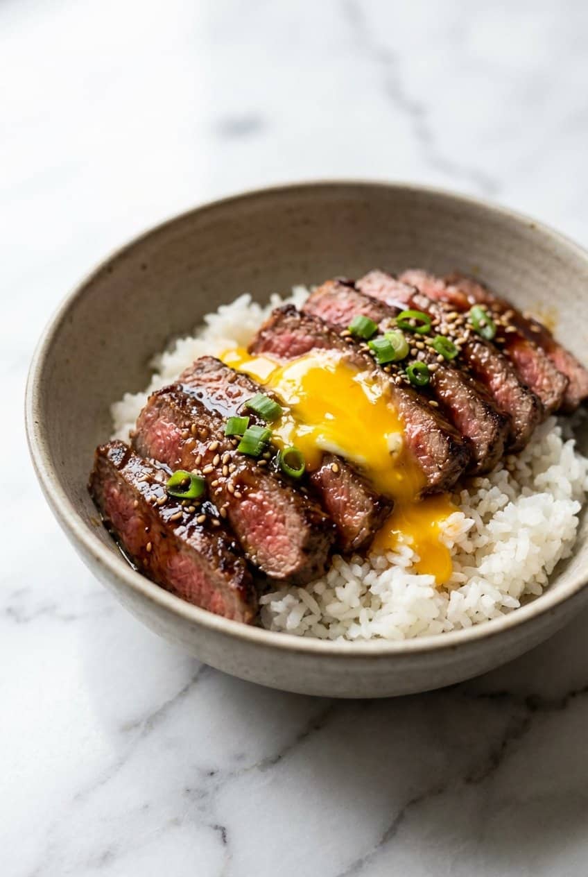 Close up of Steak And Egg Rice Bowl