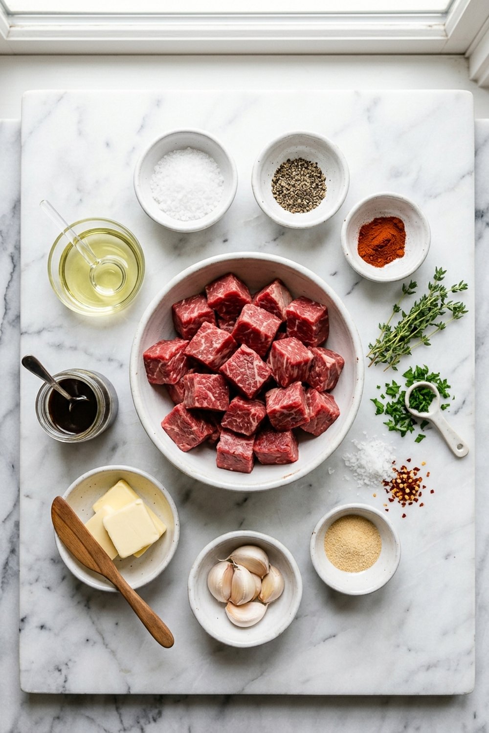 Flat lay of ingredients for garlic butter steak bites on white marble