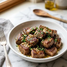 Garlic butter steak bites golden brown in white bowl with parsley on white marble