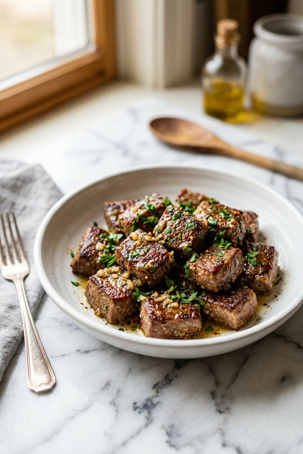 Garlic butter steak bites golden brown in white bowl with parsley on white marble