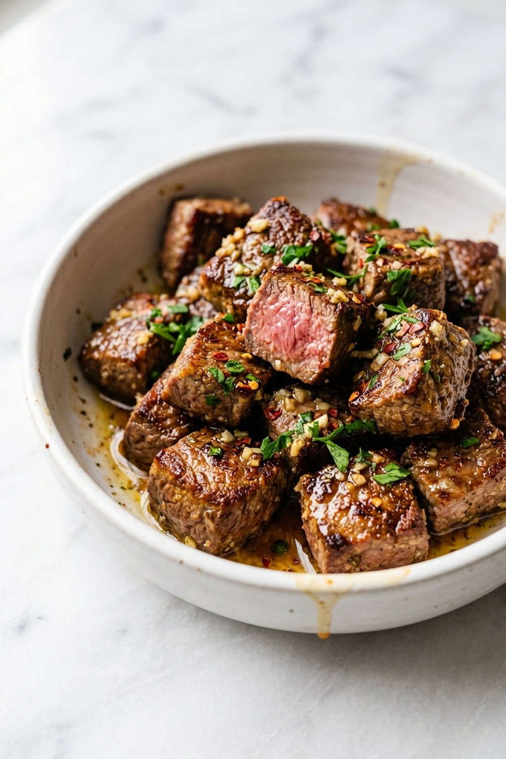 Close up of garlic butter steak bites glistening with butter and herbs