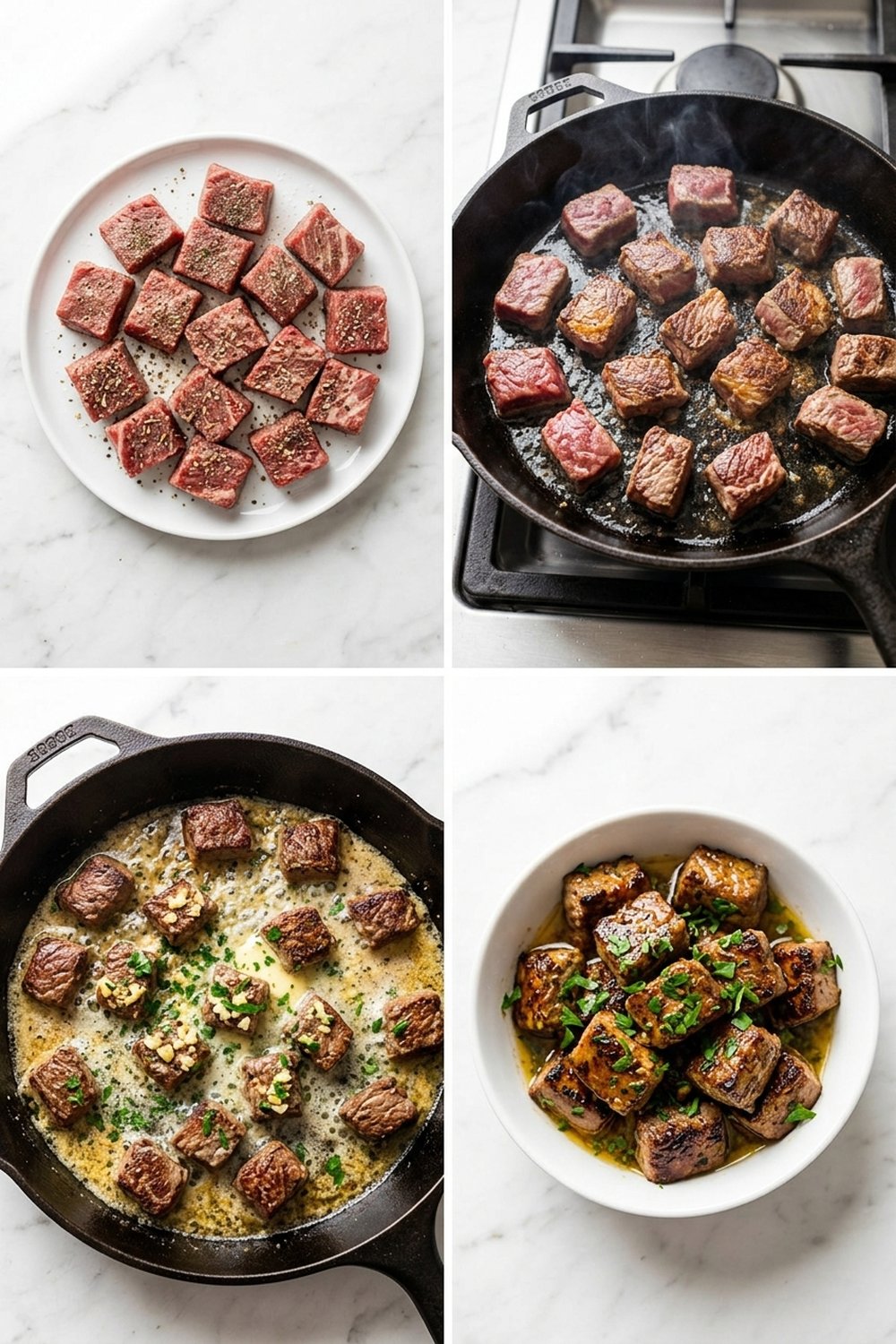 Four step process collage for garlic butter steak bites