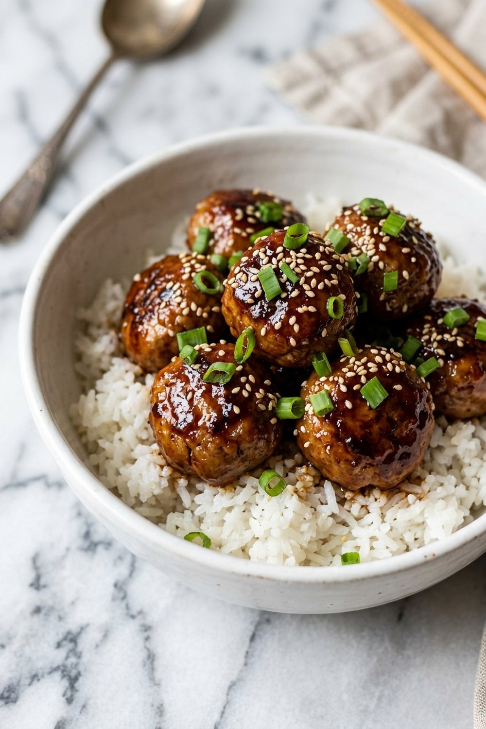 Sticky Asian Glazed Meatballs close up