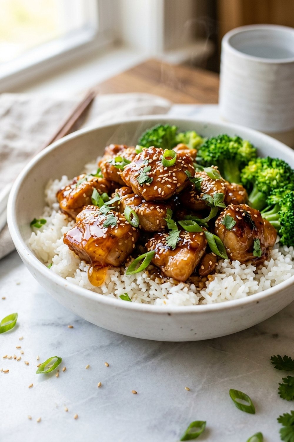 Sticky Honey Chicken Bowls close up