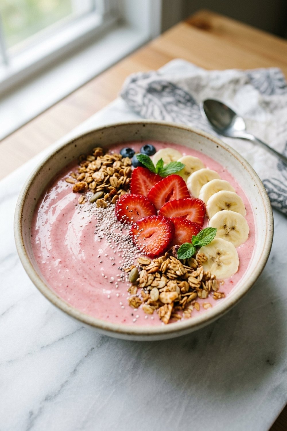 Strawberry Banana Protein Smoothie Bowl close up