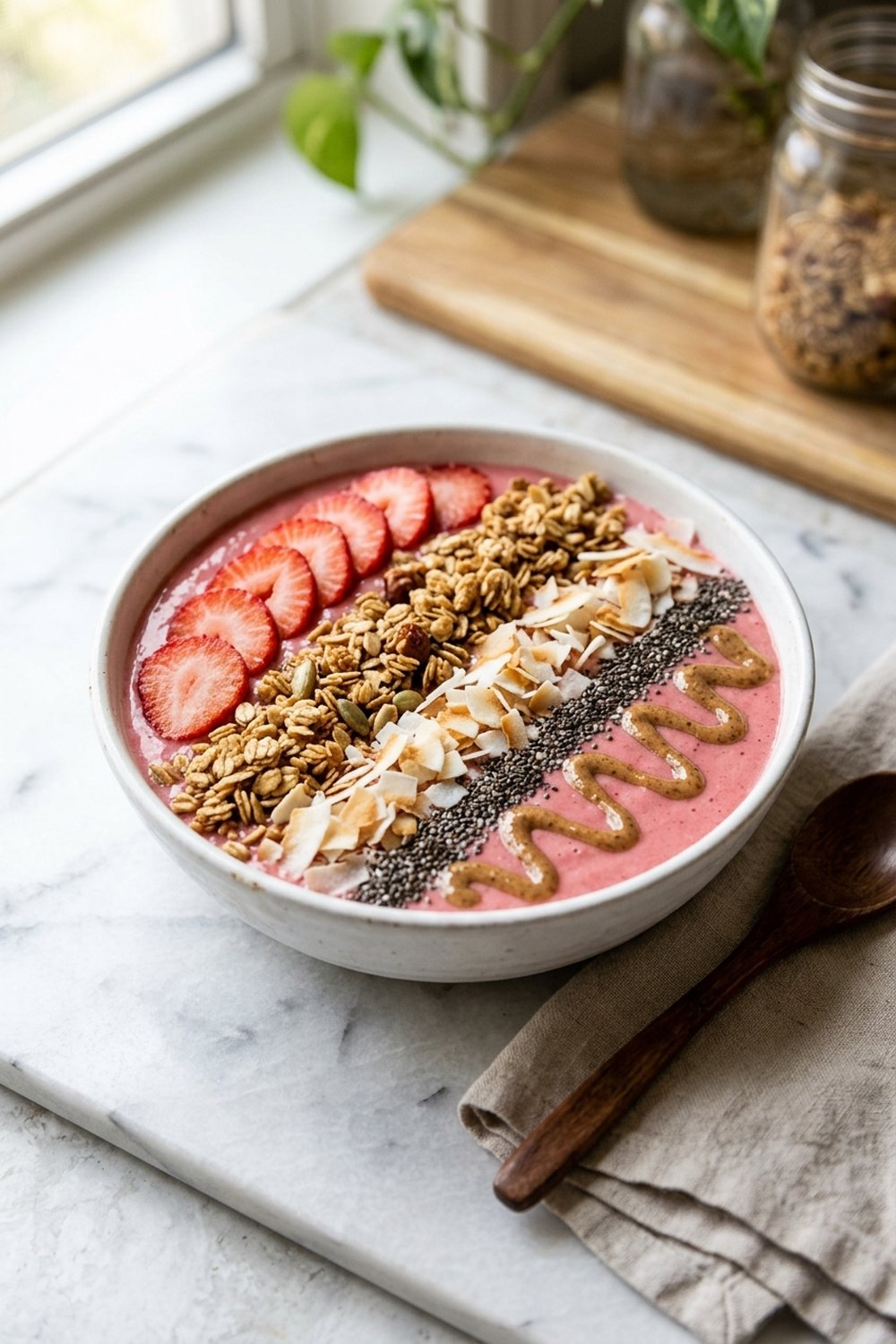 Strawberry Banana Smoothie Bowl close up