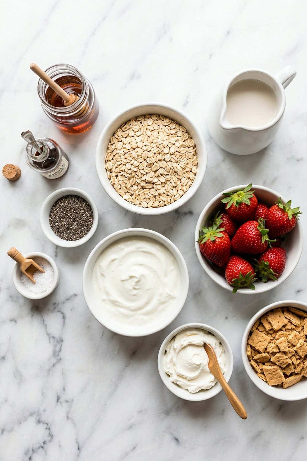 Flat lay of ingredients for strawberry cheesecake overnight oats on white marble