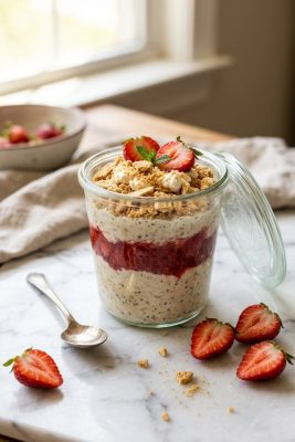 Strawberry cheesecake overnight oats in a jar with strawberry compote on top