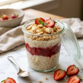 Strawberry cheesecake overnight oats in a jar with strawberry compote on top